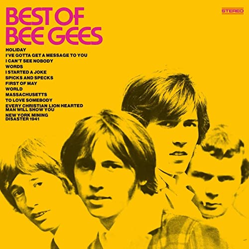 Yellow vinyl record cover featuring the Bee Gees and song titles.