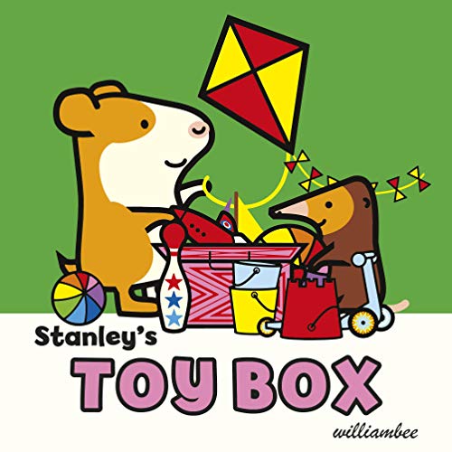 Illustration of two dogs with various toys and a kite on a green background.