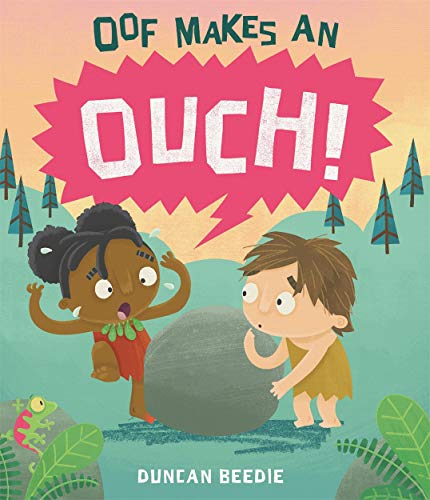 Book cover: two cartoon children react to a rolling grey stone.