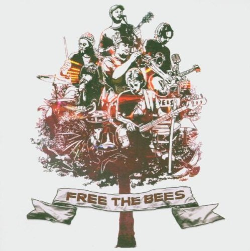 Band illustration with musicians playing instruments, text reads "Free The Bees".