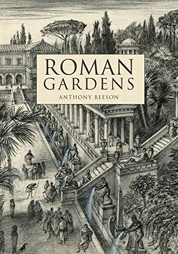 Book cover depicting a detailed, vintage-style illustration of Roman gardens.