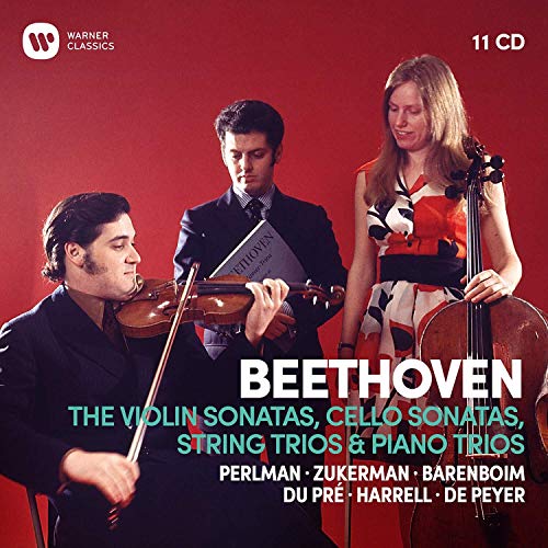 Three musicians with violin, cello, and sheet music against a solid red background.