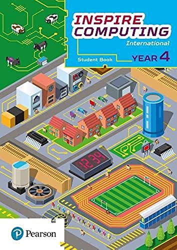 Inspire Computing International Year 4 student book cover with a digital circuit board city illustration.