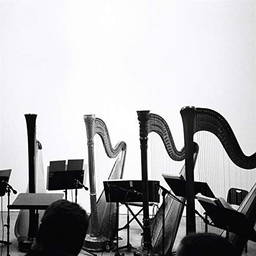 "Four harps of varying sizes, some with music stands, on a stage."