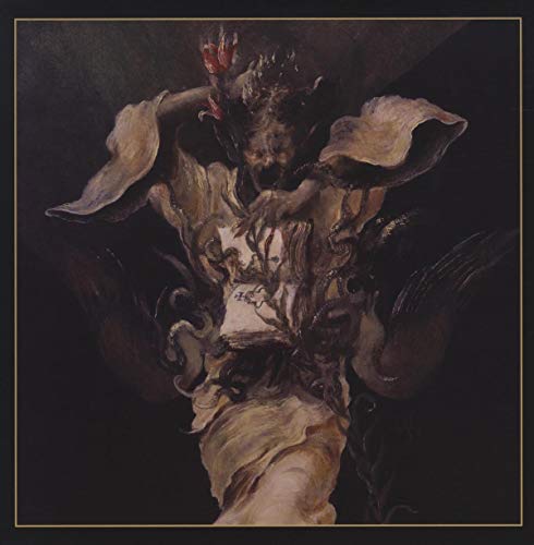 Dark, textured painting of a horned figure with outstretched arms.