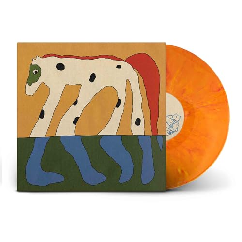 Vinyl record with orange swirl and cover art of a spotted horse.