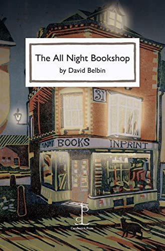 Book cover illustration of a lit bookshop at night with a cat in front.