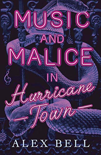 Book cover: purple snake coiled around ornate chair, title "Music and Malice".