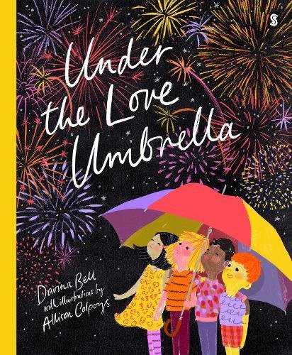 Book cover: children under a red umbrella with fireworks background.