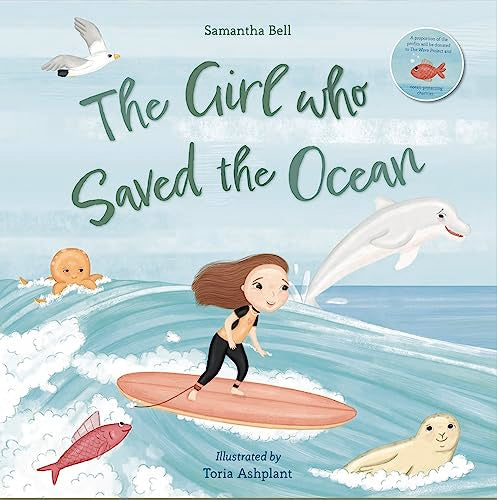 Book cover: girl surfing with dolphin, seal, and octopus.