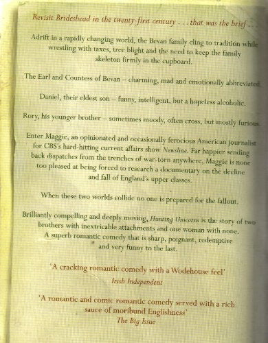 Book page with text describing characters and plot of "Hunting Unicorns".