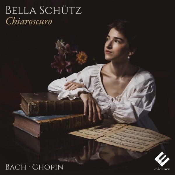 Woman with books and sheet music, dark background, CD cover art.