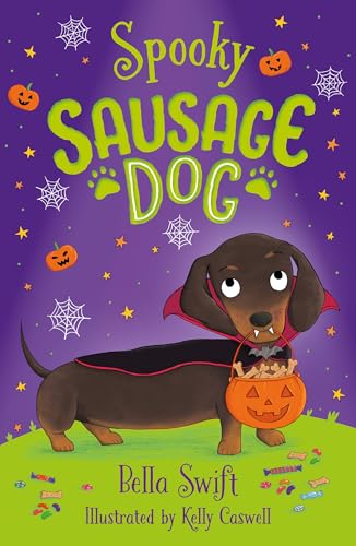 A dachshund dressed as a vampire holds a pumpkin treat bucket on a purple background.