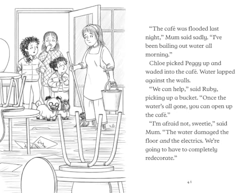 Black and white illustration of a family and a pug in a flooded café.
