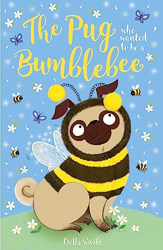 A cartoon pug wearing a bumblebee costume with wings on a blue floral background.