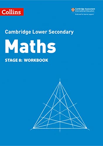 Blue cover of "Lower Secondary Maths Workbook: Stage 8" with a geometric triangle.