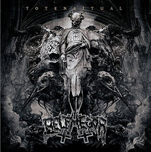 Black-and-white album cover featuring a horned figure surrounded by demons and skulls.
