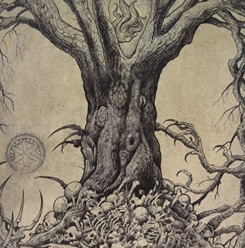 Detailed ink drawing of a gnarled tree with skulls at its base.