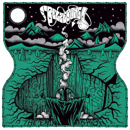 Vinyl album cover: green landscape with mountains, moon, and smoke.