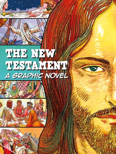 Cover of “The New Testament” graphic novel featuring Jesus and biblical scenes.