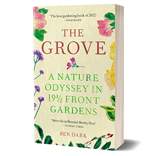 Book cover, “The Grove” by Ben Dark, with floral illustrations.