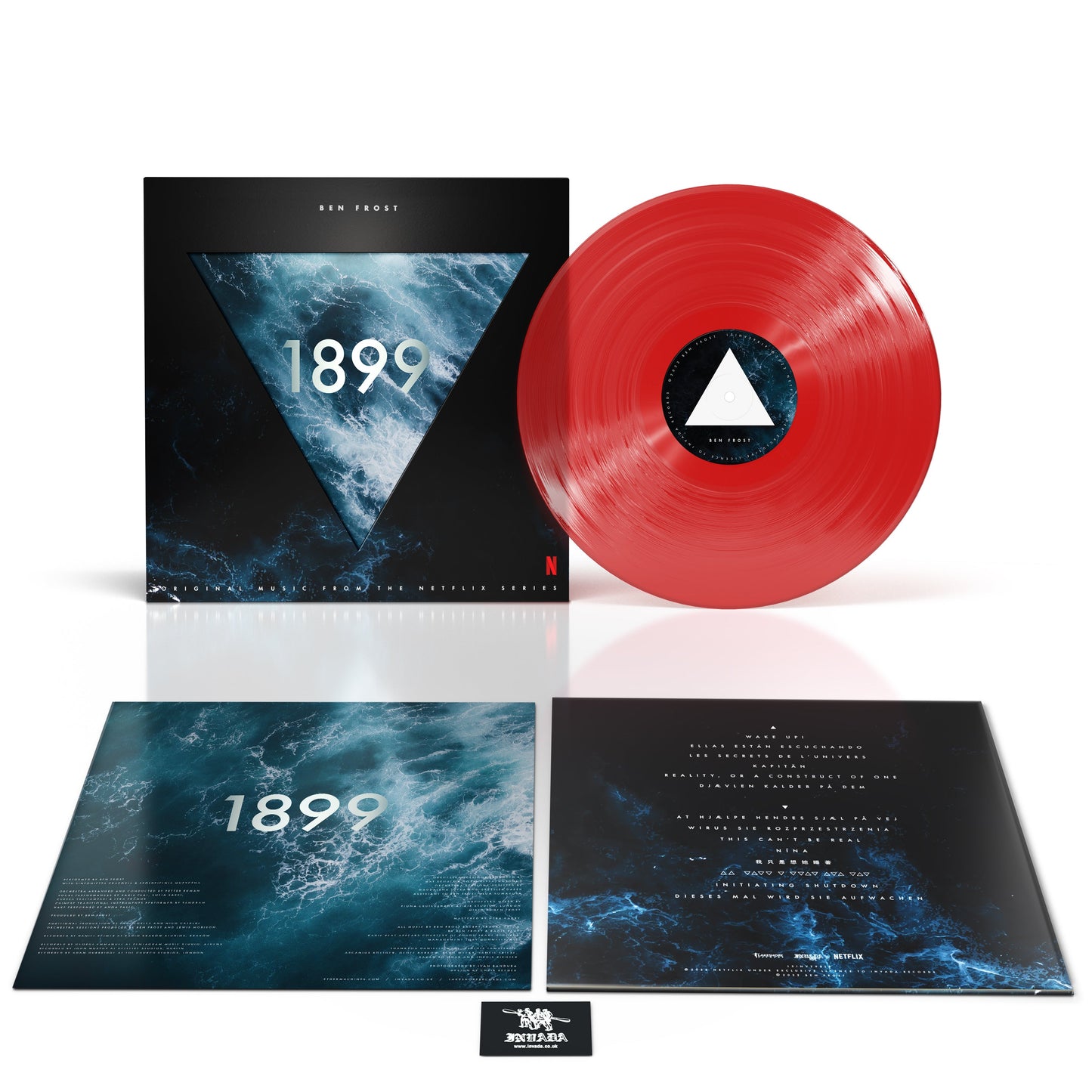 Red vinyl LP of Ben Frost’s “1899” soundtrack with album artwork and inserts.