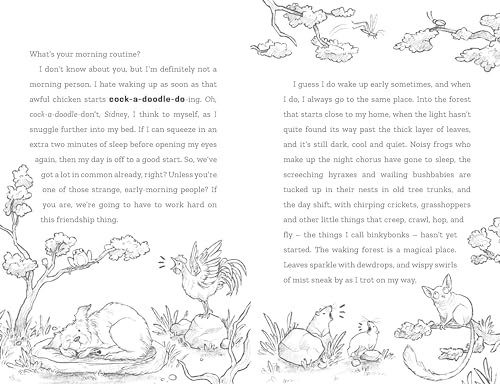 Black and white illustrated children’s book page with text and animal drawings.