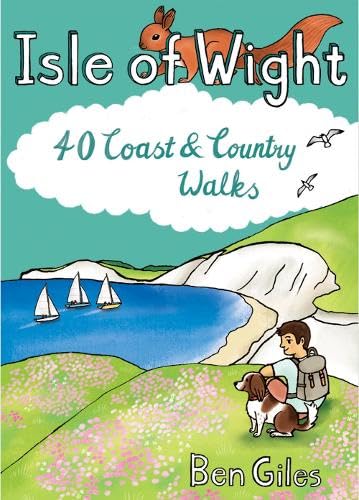 Book cover illustration featuring a hiker with a dog, sailboats, and a red squirrel.