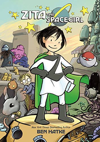 A young girl in a space suit and green cape stands surrounded by aliens.