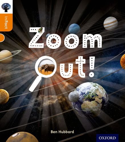 Book cover with planets, a magnifying glass, and the title “Zoom Out!”.