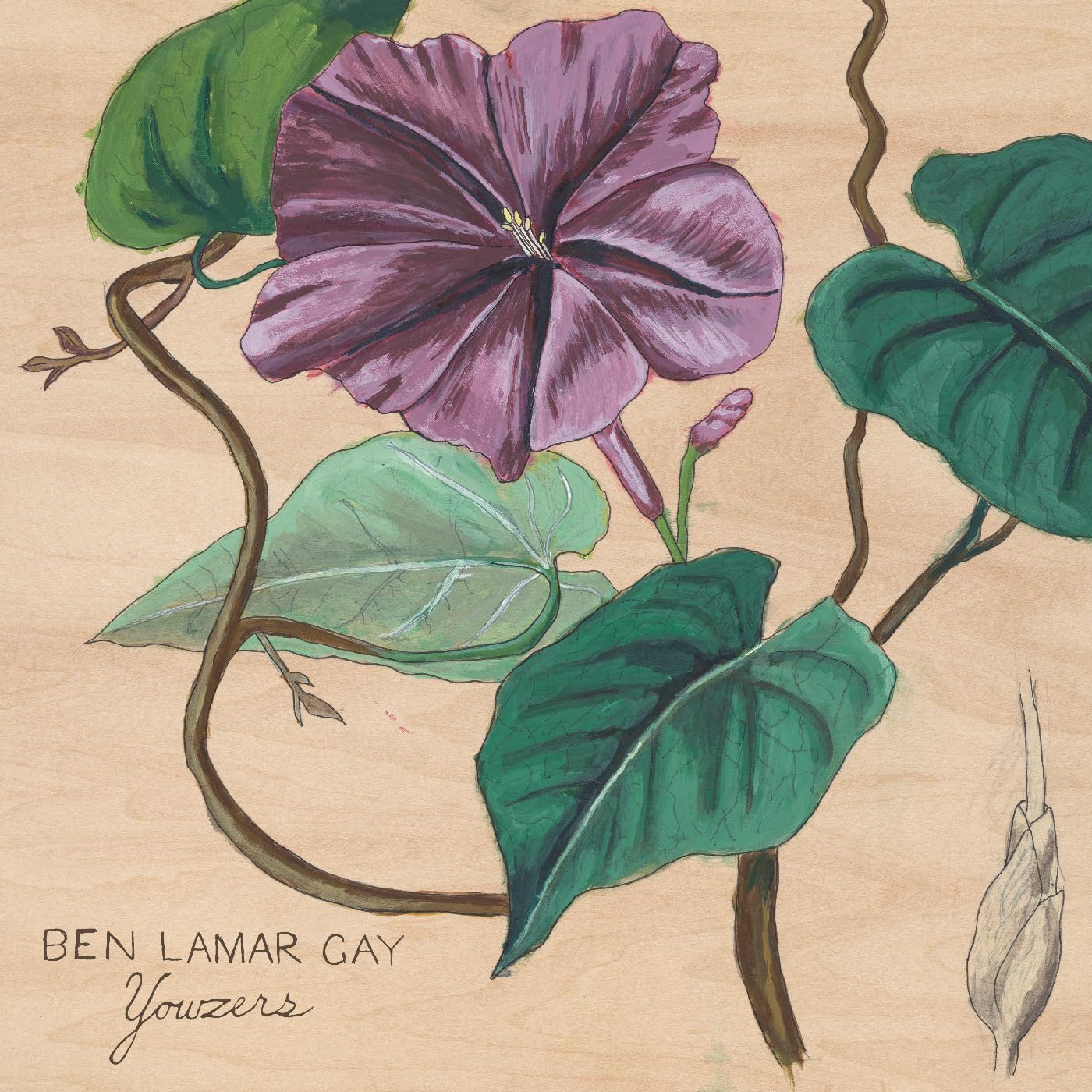 A painting of a dark purple morning glory flower with green leaves on wood.