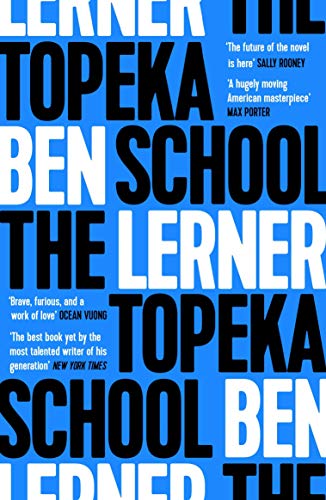 Book cover with repeating bold black and white text on a bright blue background.