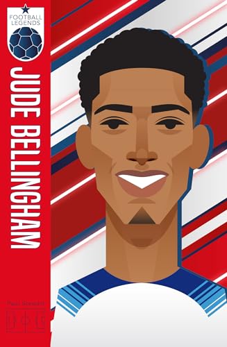 Illustrated portrait of footballer Jude Bellingham against a red, white, and blue background.