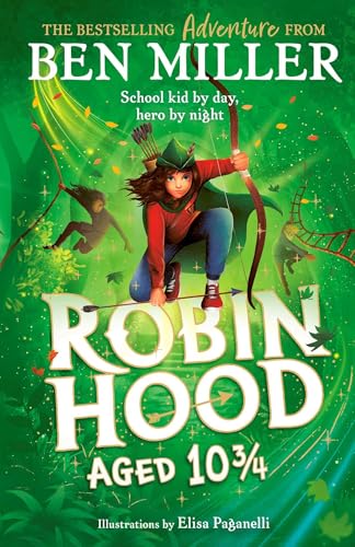 Book cover illustration of a young Robin Hood holding a bow against green background.