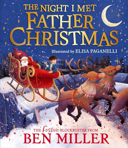 Santa in a sleigh pulled by reindeer flies over a snowy town.