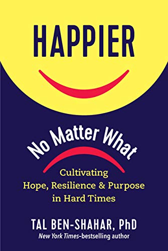 Book cover with yellow and navy design, title “Happier, No Matter What.”