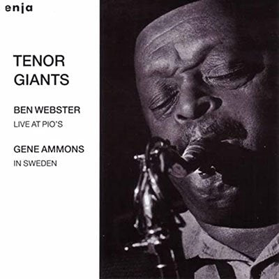 Black and white portrait of Ben Webster playing a tenor saxophone.