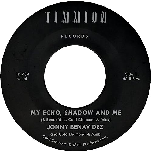 Black vinyl record label for My Echo, Shadow and Me by Jonny Benavidez.