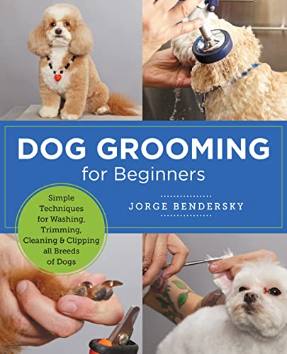 Book cover showing a groomed dog, a dog being washed, and grooming tools.