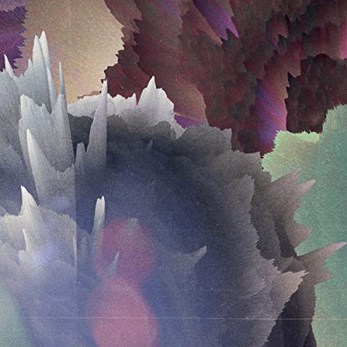 Abstract album cover with jagged, colorful shapes in shades of purple and gray.