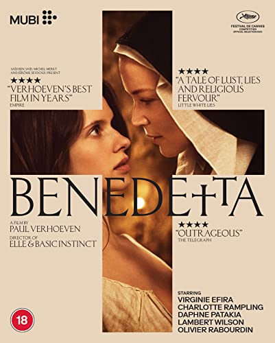 Blu-ray cover art for the film Benedetta featuring two women in a cross-shaped layout.