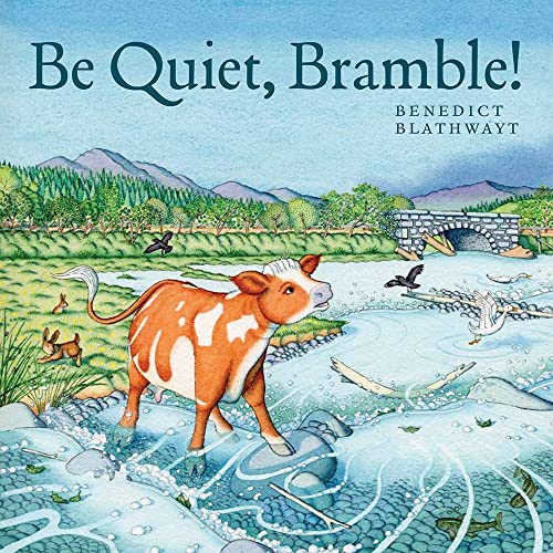 A brown and white cow stands in a stream near a stone bridge.