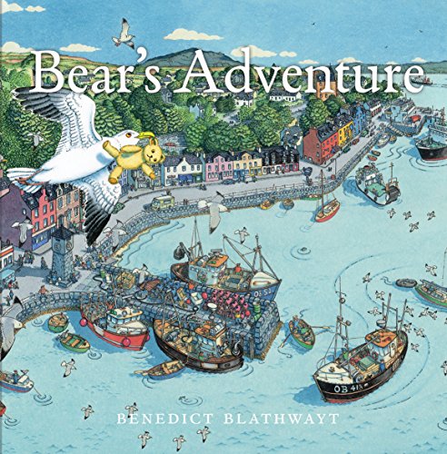 Book cover: a teddy bear and seagull overlooking a colorful harbor town.