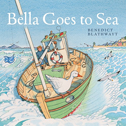 A white goose stands on a green boat at sea with a person nearby.