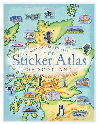 Illustrated map of Scotland with animal and landmark stickers.