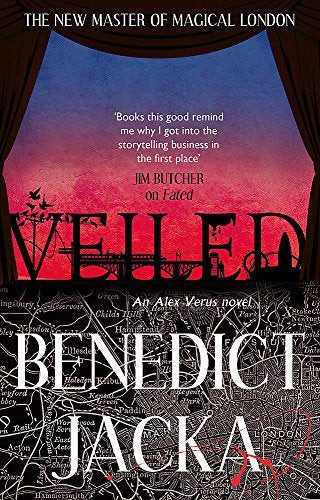 Book cover: "Veiled" by Benedict Jacka, with red title and city map.