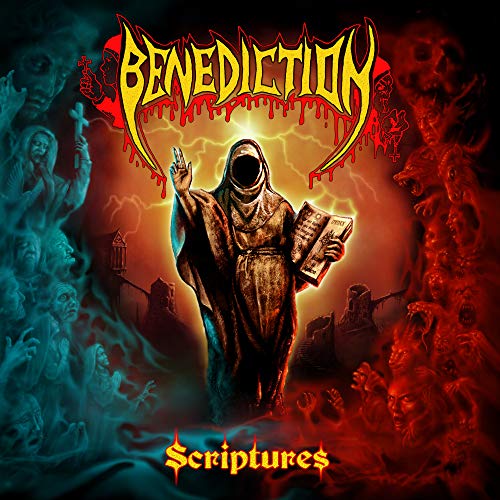 CD cover for "Benediction - Scriptures" featuring a hooded figure and gothic imagery.