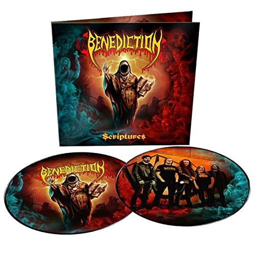Benediction “Scriptures” vinyl record with gothic, religious-themed cover art.