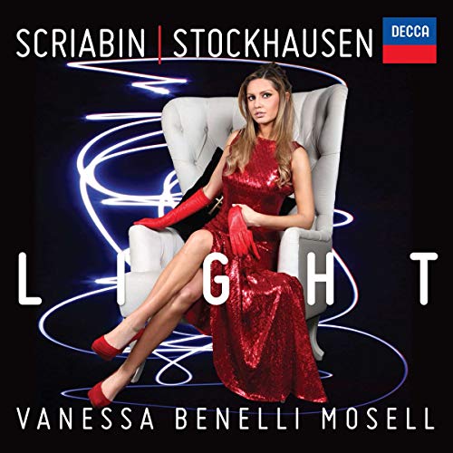 Woman in red dress sitting in armchair, album cover for Benelli Mosell.