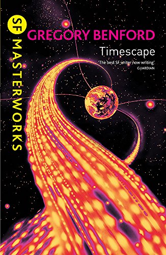 Book cover of Timescape by Gregory Benford featuring a glowing, swirling cosmic light trail.
